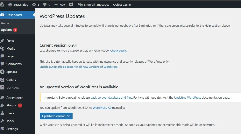 Wordpress Updates page