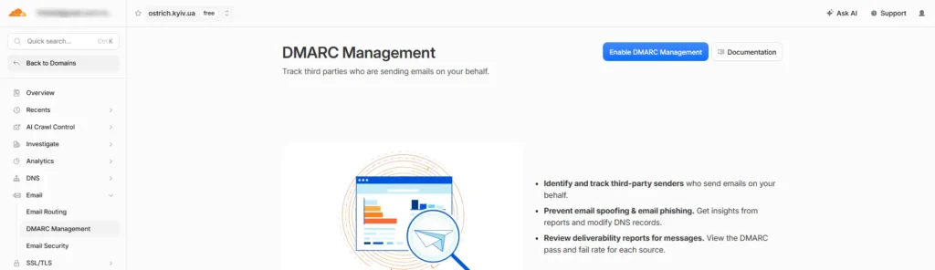 Enabling Cloudflare DMARC Management in email security settings