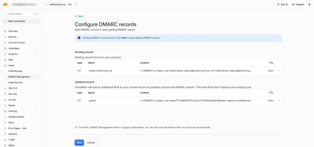 Configure DMARC records screen in Cloudflare dashboard showing DNS changes