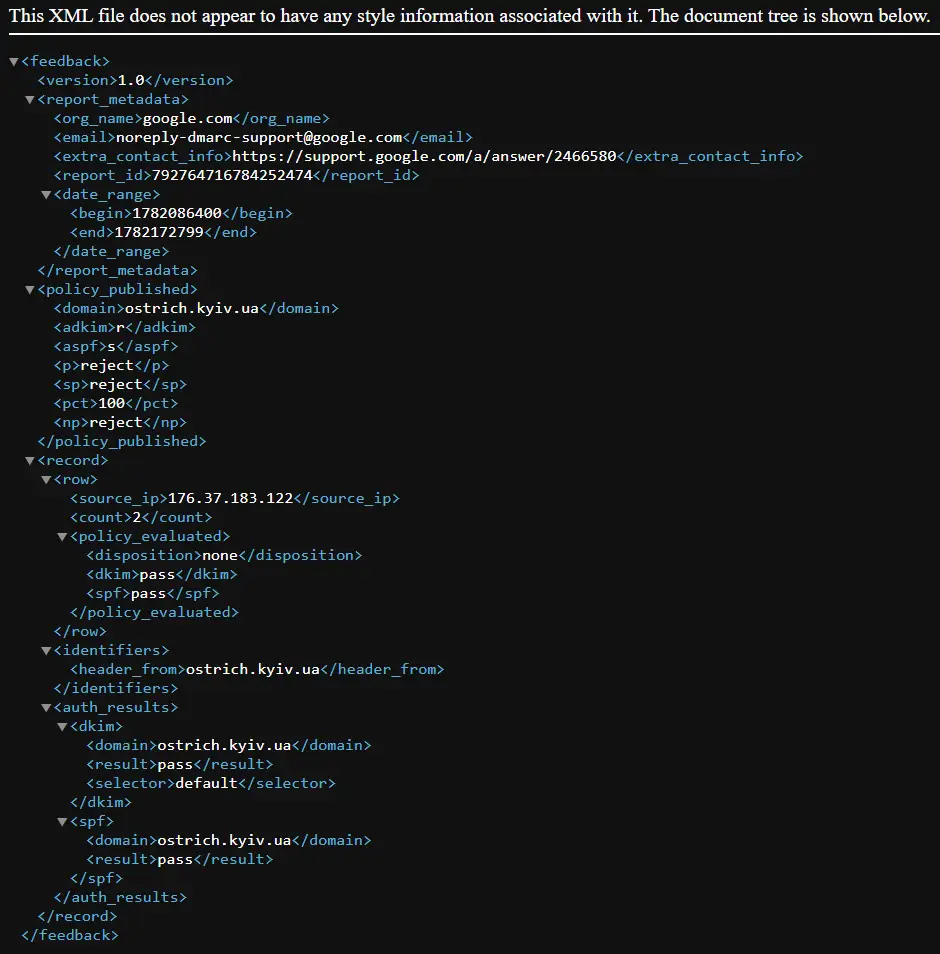 DMARC report archive zip and XML file from google in mail inbox